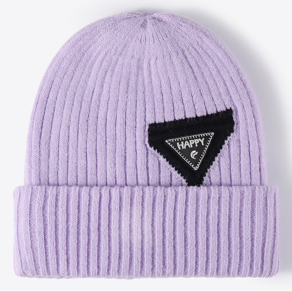 HAPPY Beanie Color Contrast Hat Ribbed Knit Minimalist Warm Toboggan Skull Cap